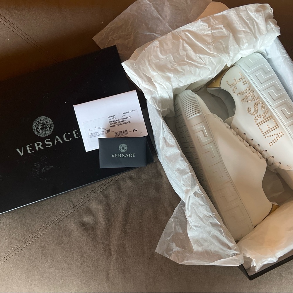 Versace White and Gold Studded Greca Sneakers